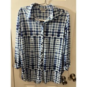 Nygard Womens Blouse XL Blue Plaid 3/4 Sleeve Roll Tab Stretch Tunic